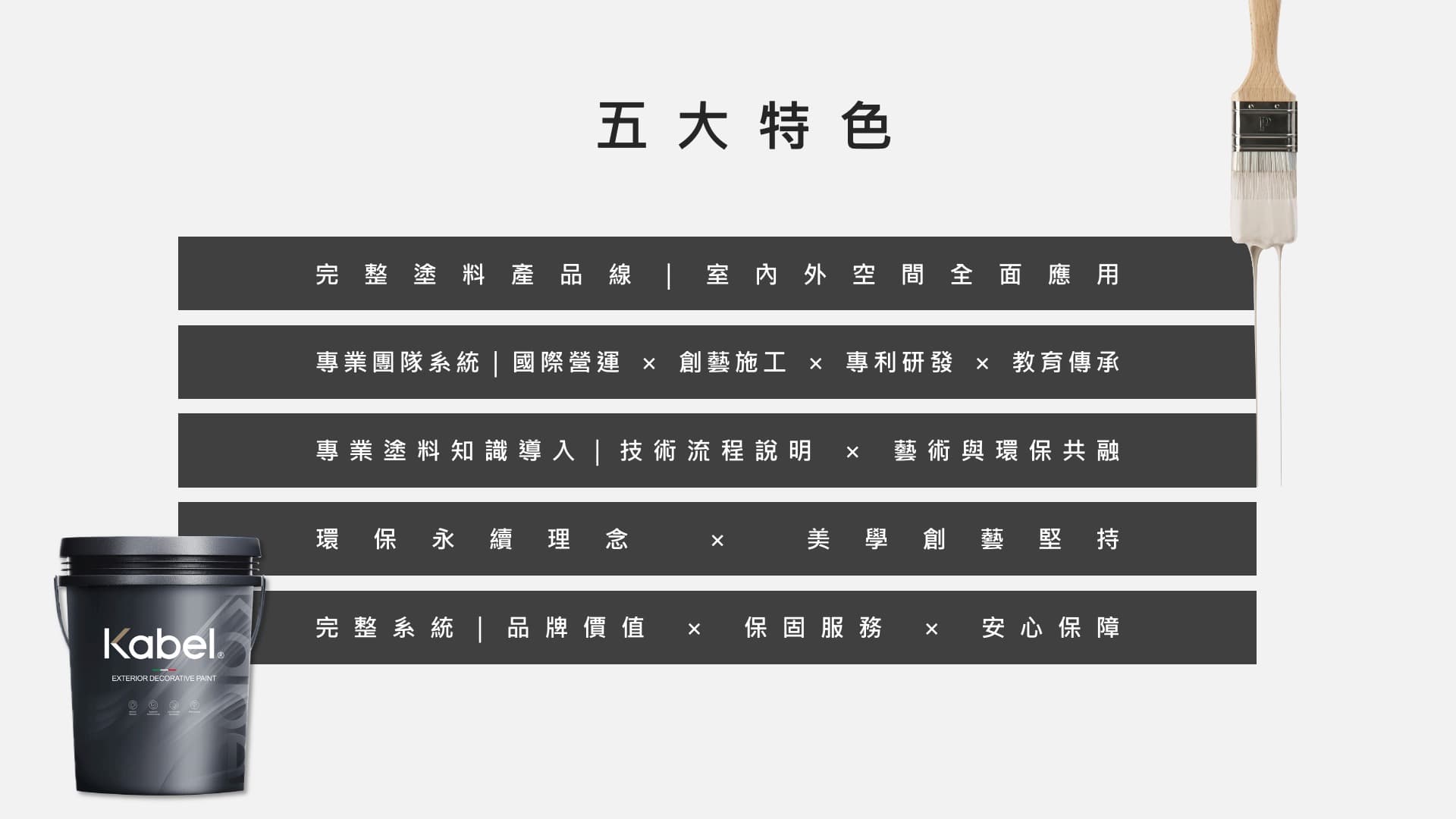 五大特色：完整塗料產品線與室內外應用；專業團隊與國際營運、創藝施工、專利研發、教育傳承；專業塗料知識與藝術環保共融；環保永續與美學創藝；品牌價值、保固與安心保障。